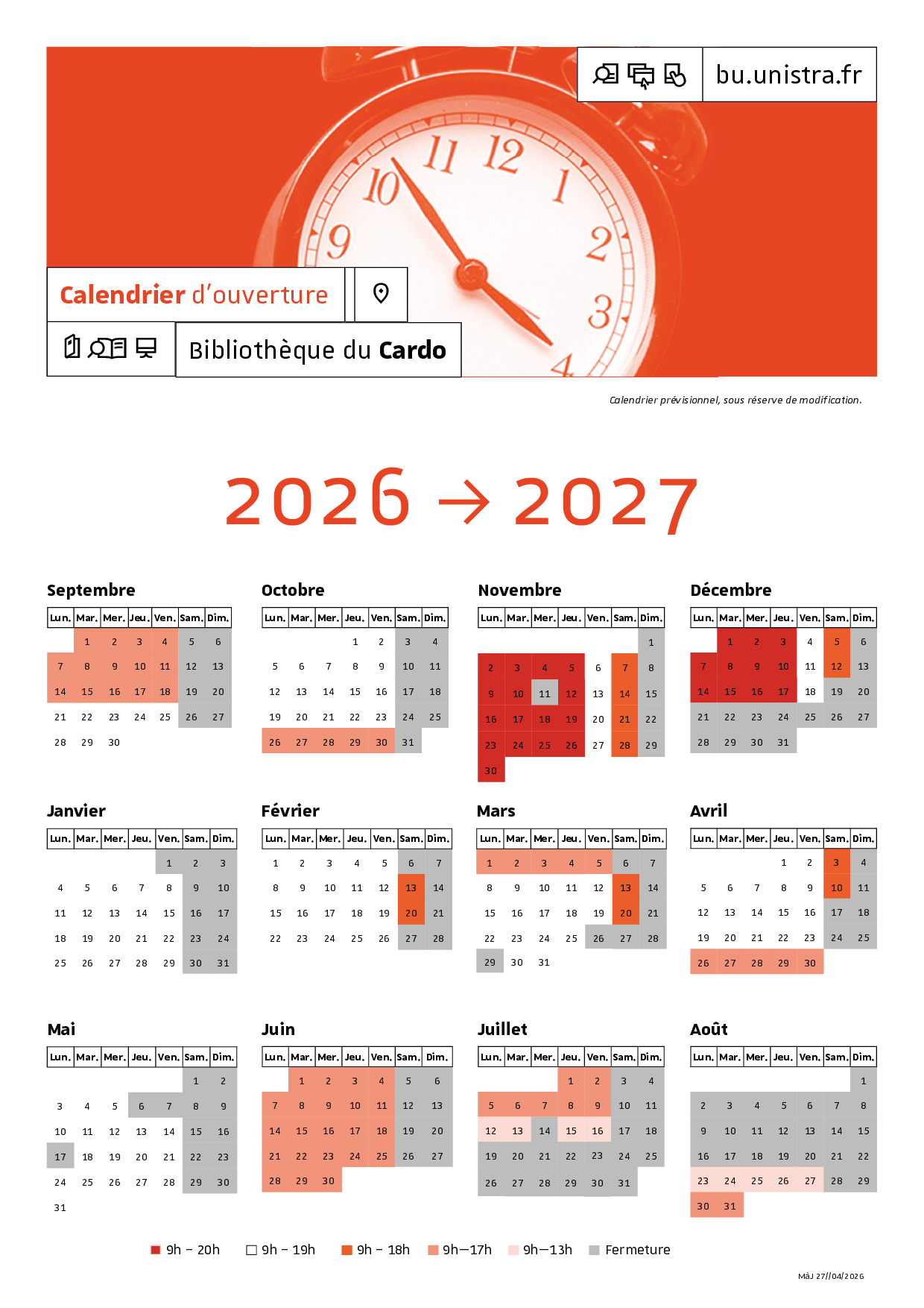 Calendrier pr&eacute;visionnel 2026-2027